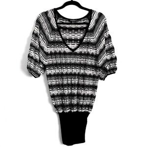 Bebe Wavy Sparkle Stripes Fitted Ribbed Knit Waist V-Neck Sweater